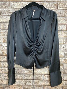 Free People Aurora Black Long-Sleeve Blouse with Rushed Centre.